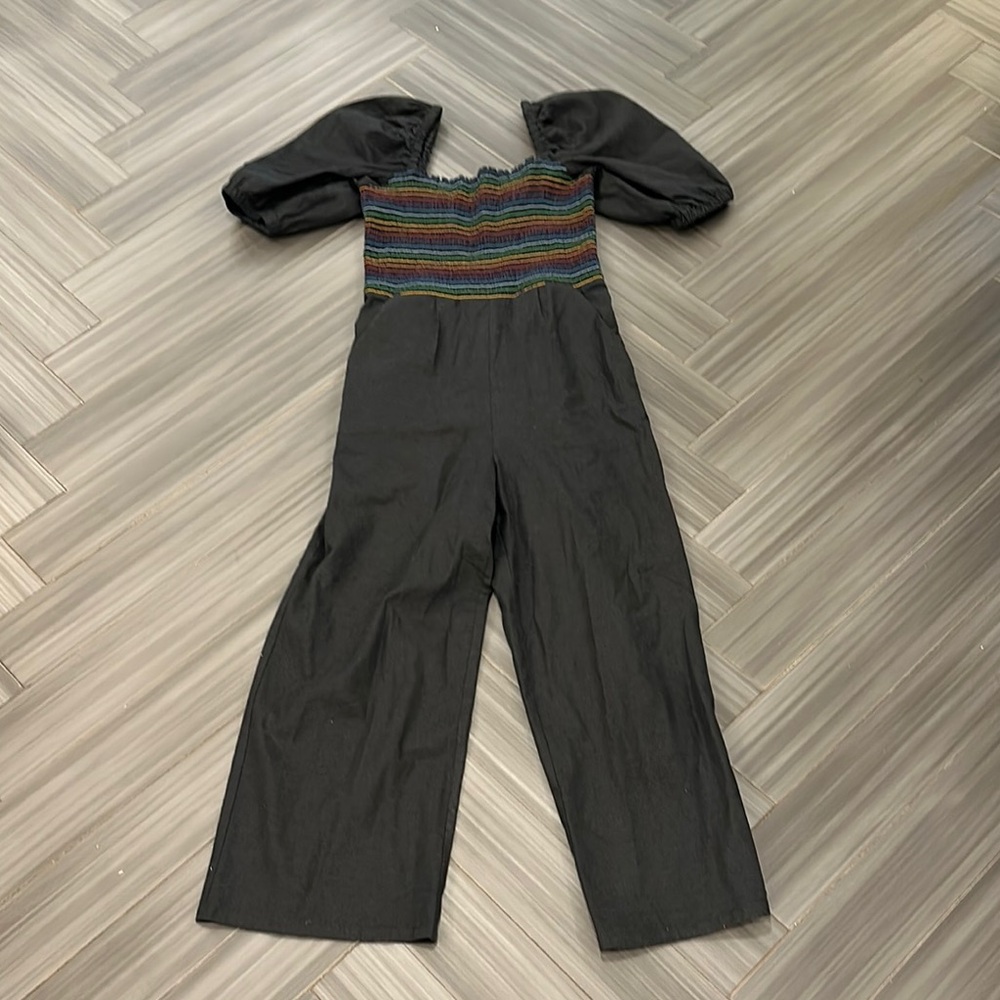 Something Navy Black Smocked Jumpsuit with Puff Sleeves
